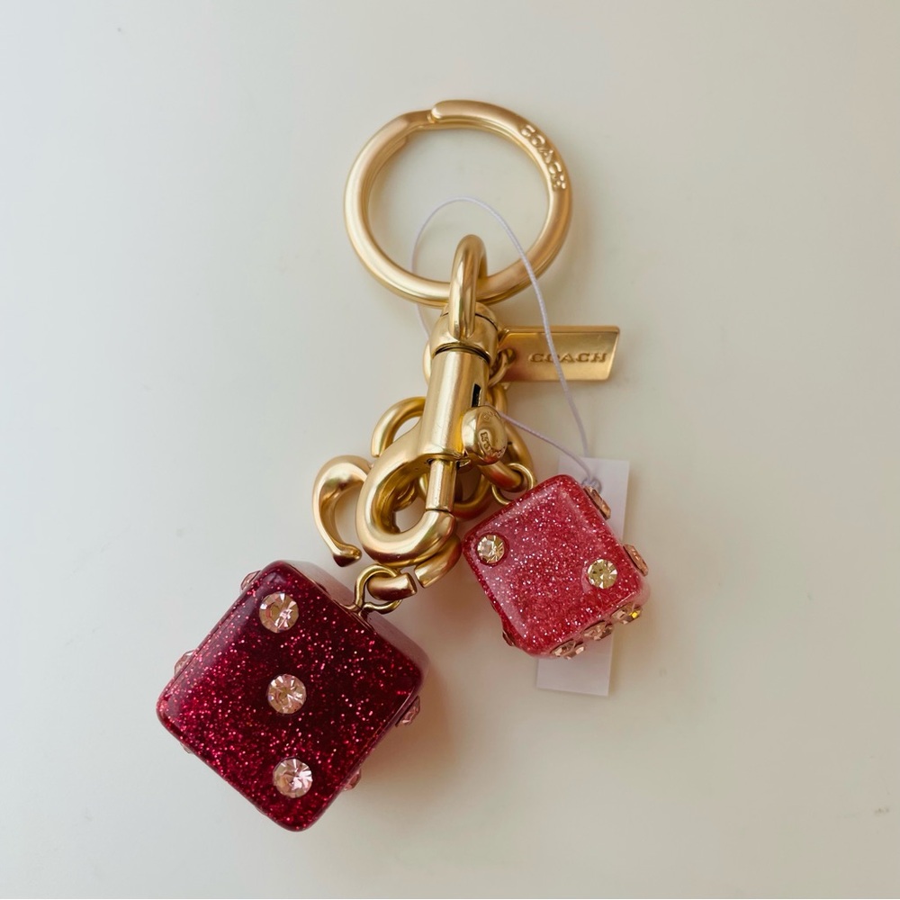 Coach Gold-Tone Keyring with Red Glitter Dice Charms - Picture 3 of 3